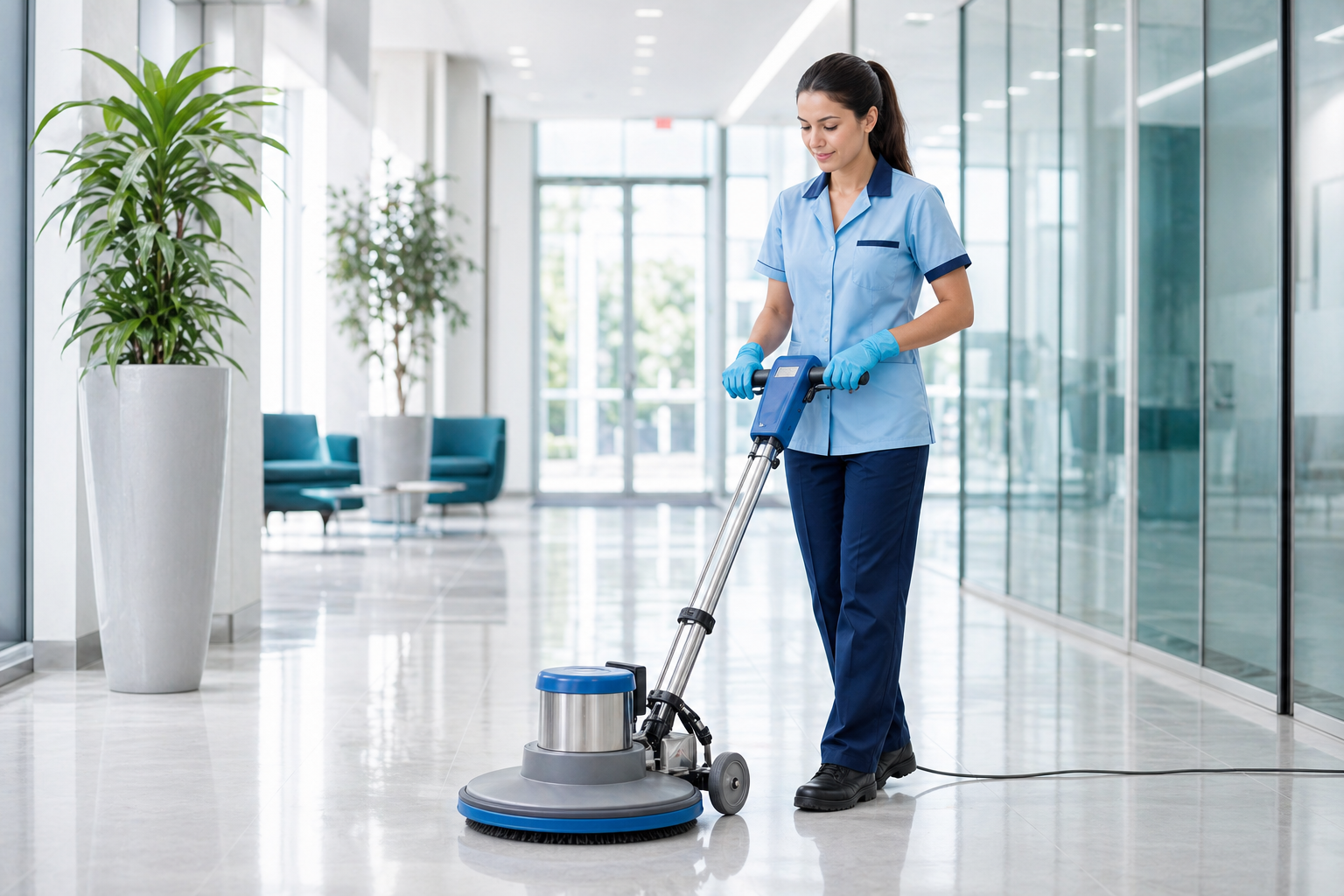 Professional cleaner maintaining a polished commercial facility floor